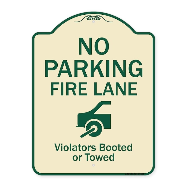 Designer Series-No Parking Fire Lane With Graphic Violators Booted Or Towed, 24" x 18", TG-1824-9962